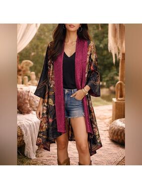 Vintage Crinkle Stretch Silk Multi-Color Reversible Long Line Kimono Duster L/XL